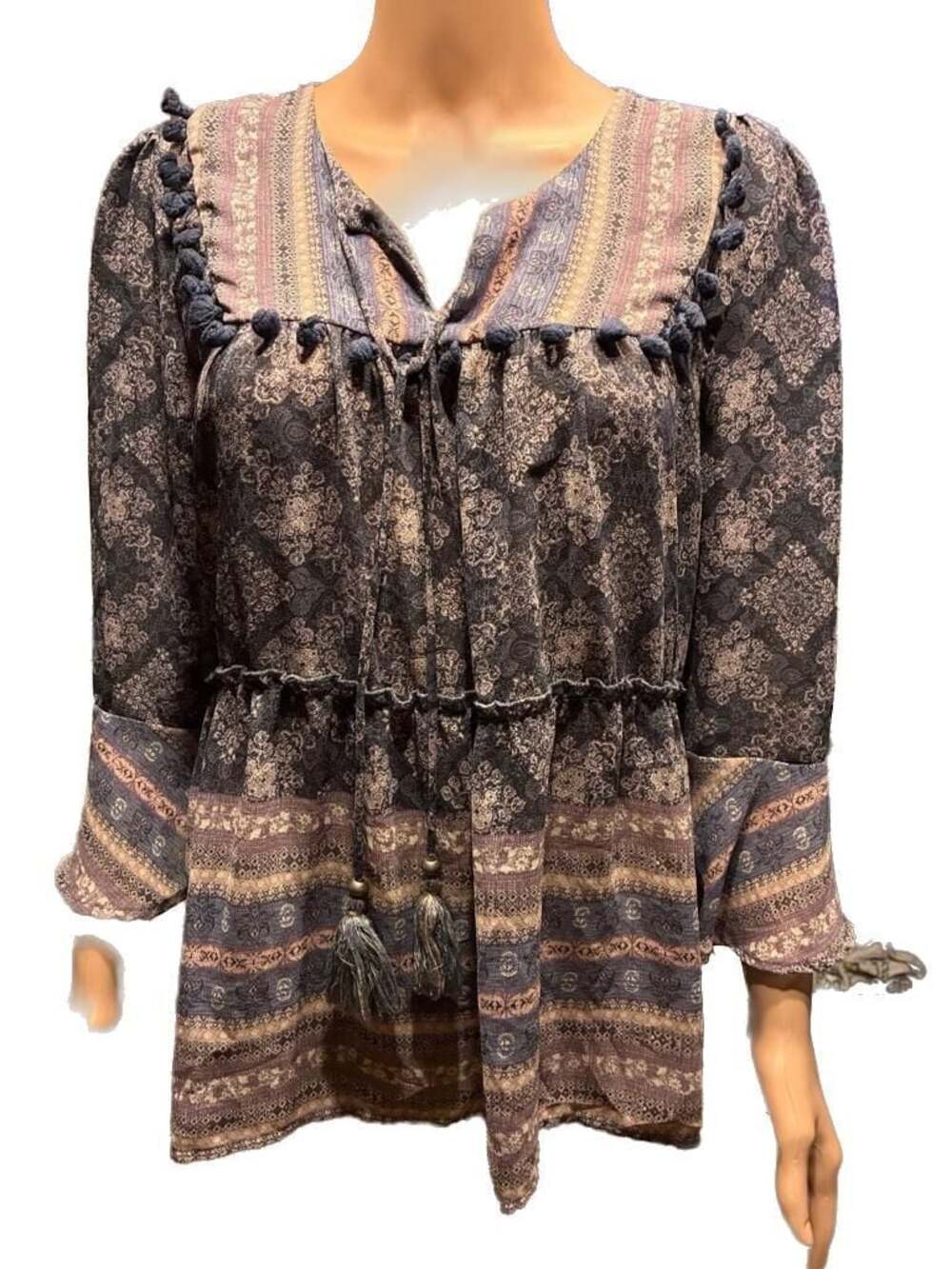 Knox Rose Boho Floral Print Peasant Blouse with Pom-Pom Trim and Tassels